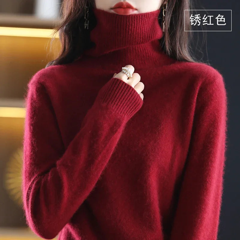 Rust Red Color Women’s Mink Cashmere Turtleneck Sweater Pullover