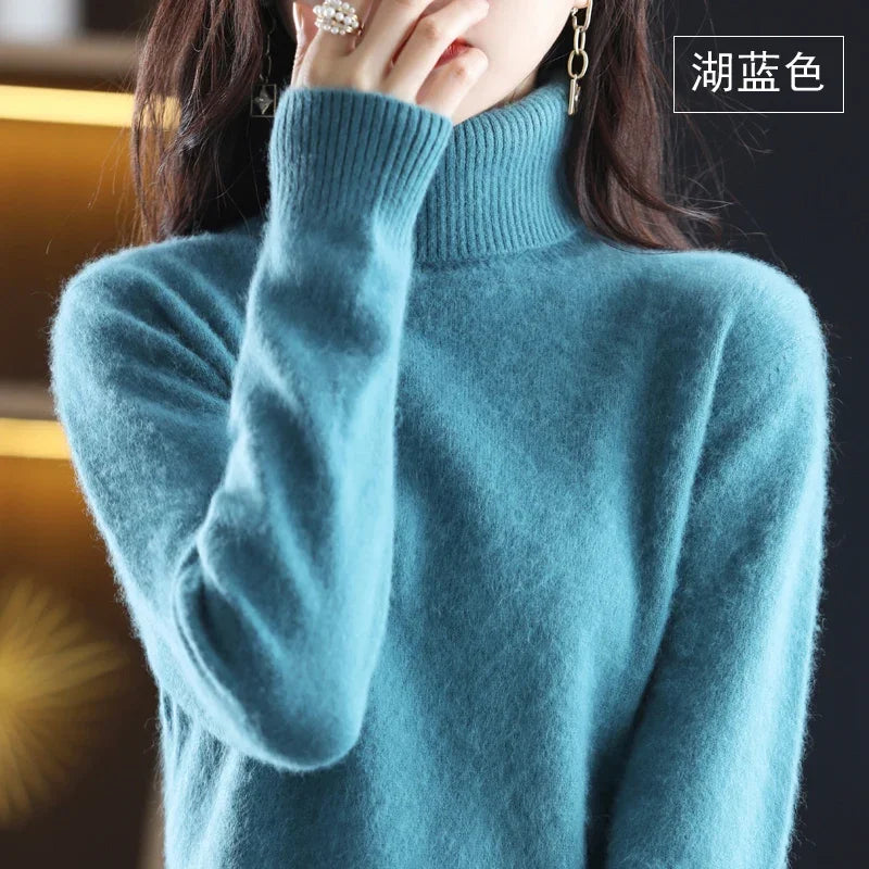 Lake Blue Color Women’s Mink Cashmere Turtleneck Sweater Pullover