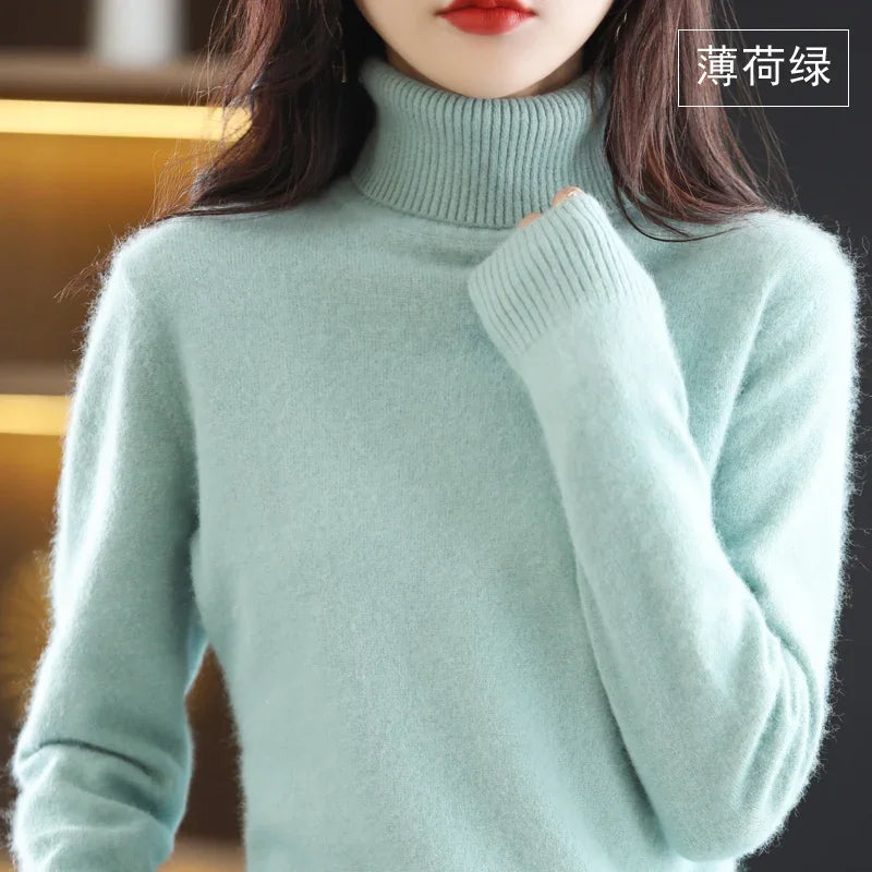 Mint Green Color Women’s Mink Cashmere Turtleneck Sweater Pullover