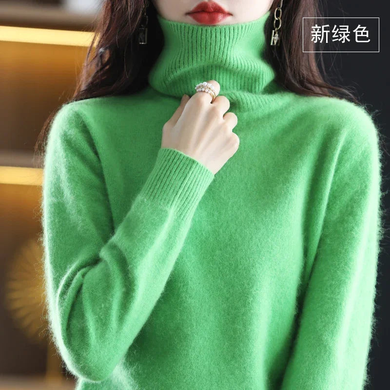 Light Green Color Women’s Mink Cashmere Turtleneck Sweater Pullover