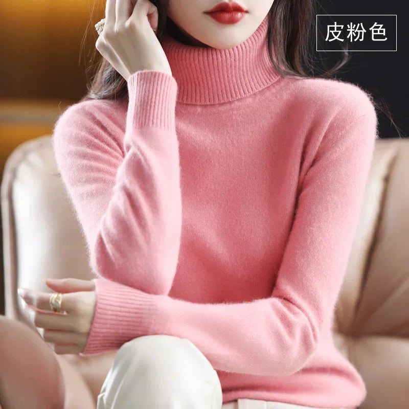 Pink Color Women’s Mink Cashmere Turtleneck Sweater Pullover