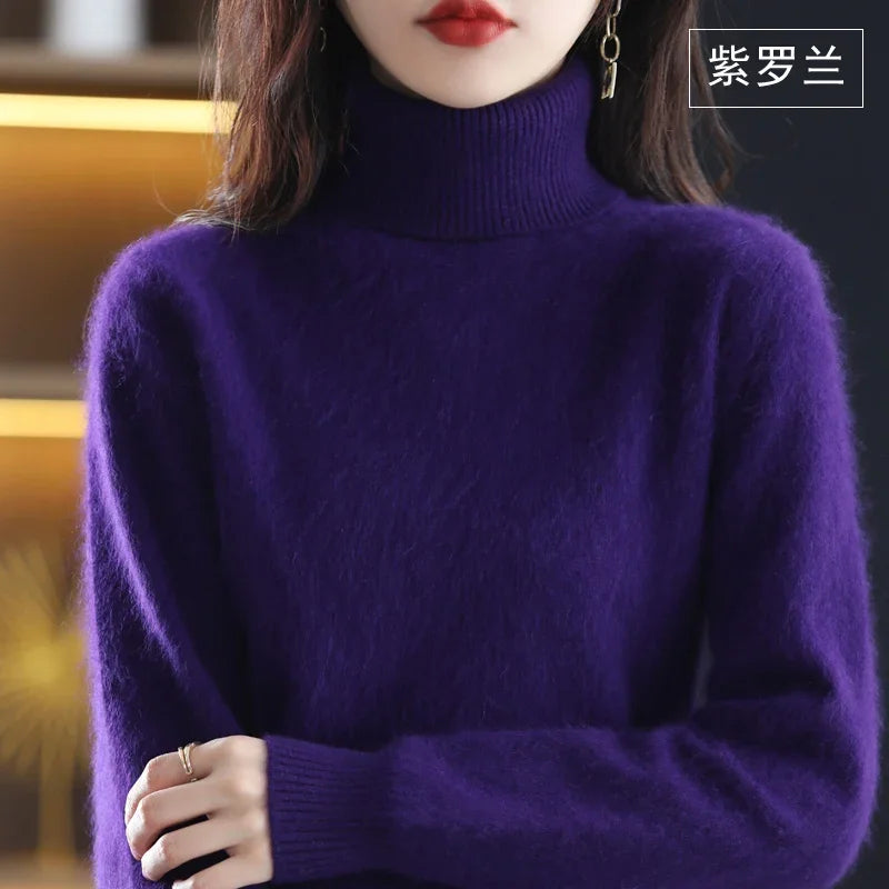 Purple Color Women’s Mink Cashmere Turtleneck Sweater Pullover