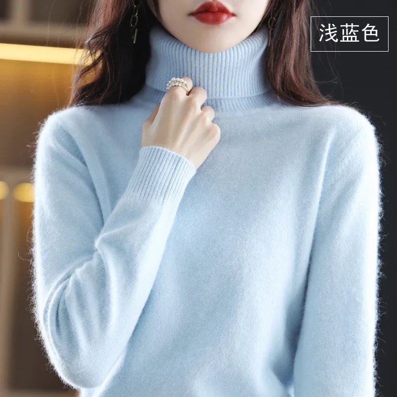 Light Blue Color Women’s Mink Cashmere Turtleneck Sweater Pullover