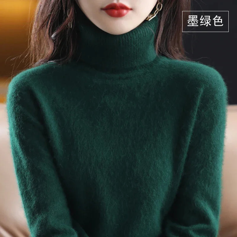 Dark Green Color Women’s Mink Cashmere Turtleneck Sweater Pullover