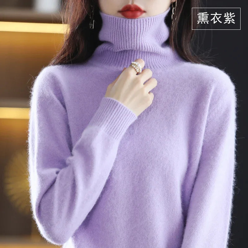 Light Purple Color Women’s Mink Cashmere Turtleneck Sweater Pullover