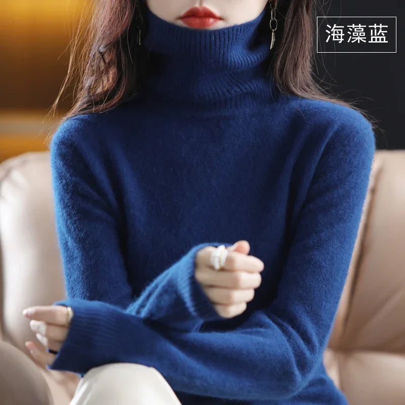 Dark Blue Color Women’s Mink Cashmere Turtleneck Sweater Pullover