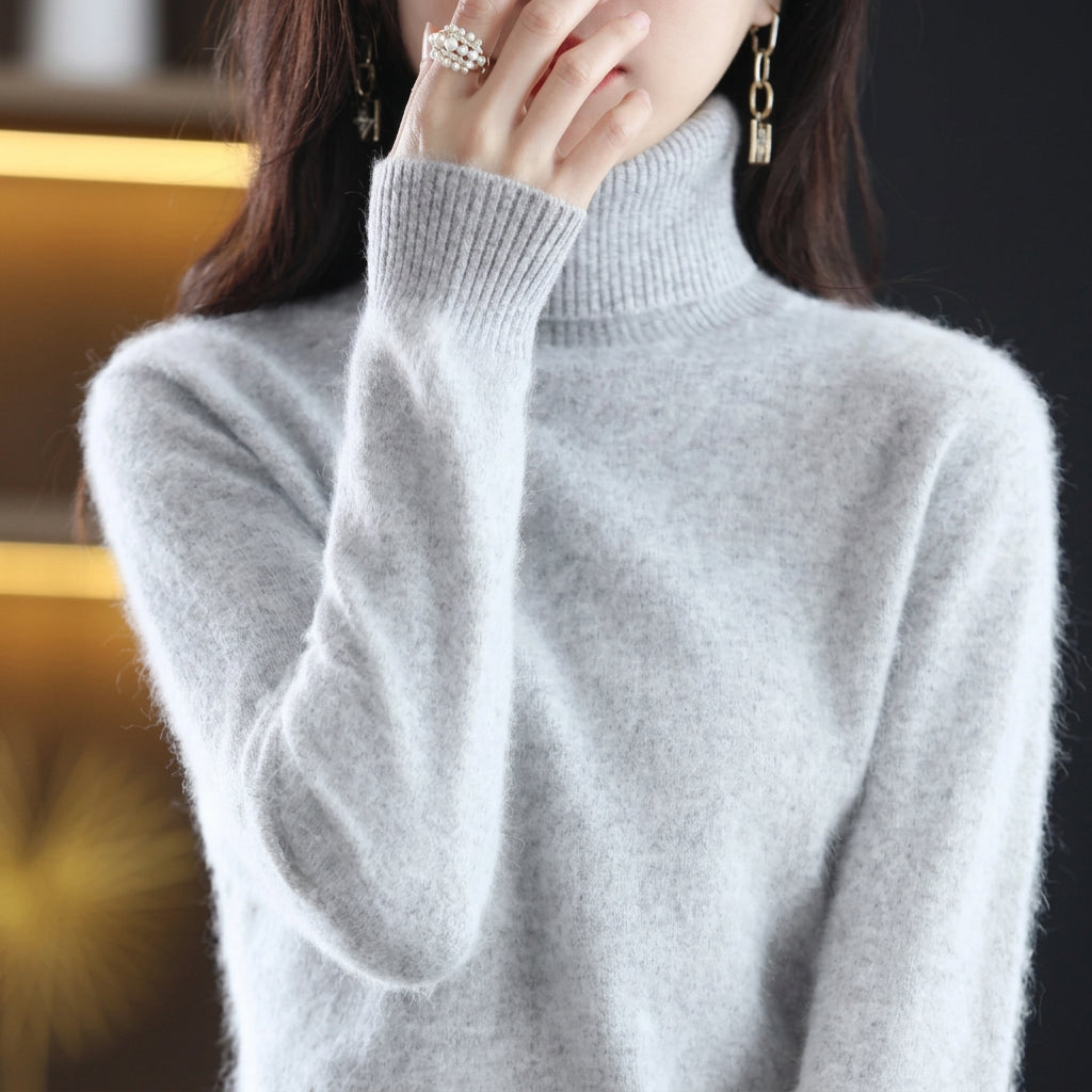 Light Gray Color Women’s Mink Cashmere Turtleneck Sweater Pullover