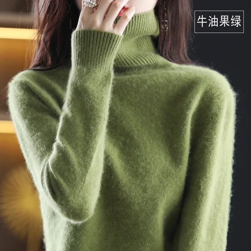 Green Color Women’s Mink Cashmere Turtleneck Sweater Pullover
