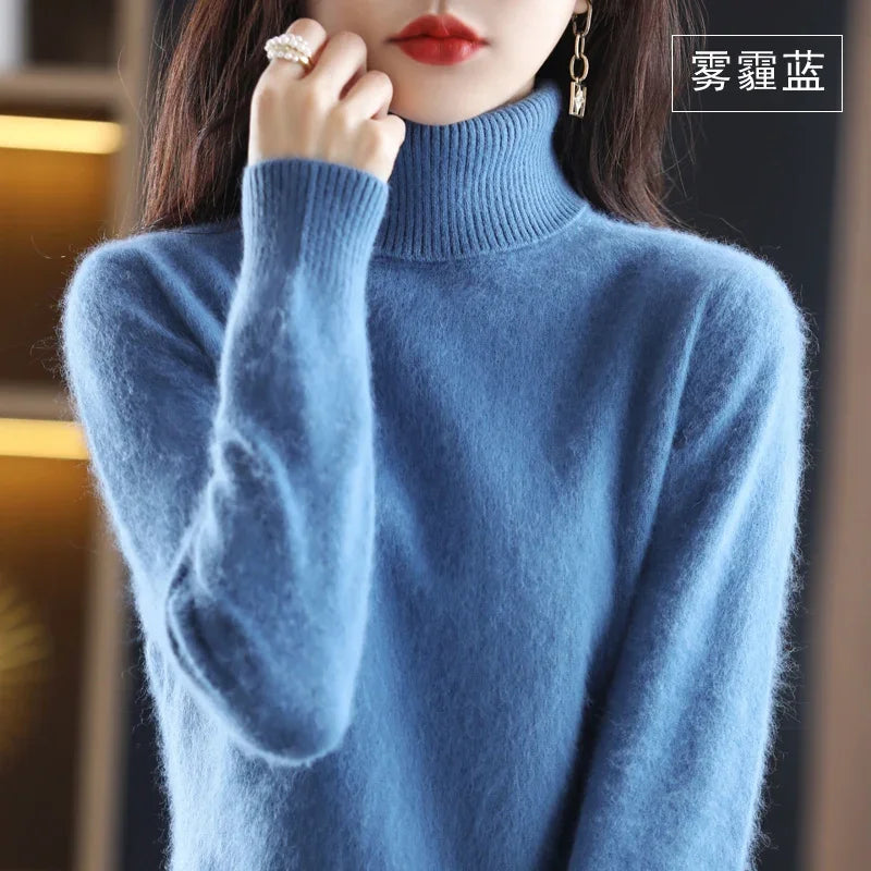 Blue Color Women’s Mink Cashmere Turtleneck Sweater Pullover