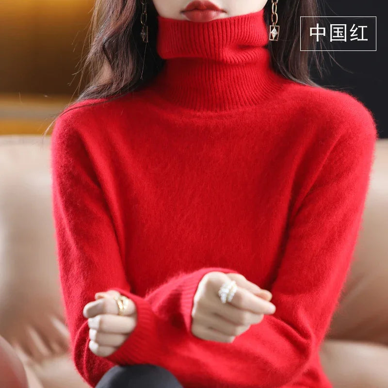 Red Color Women’s Mink Cashmere Turtleneck Sweater Pullover