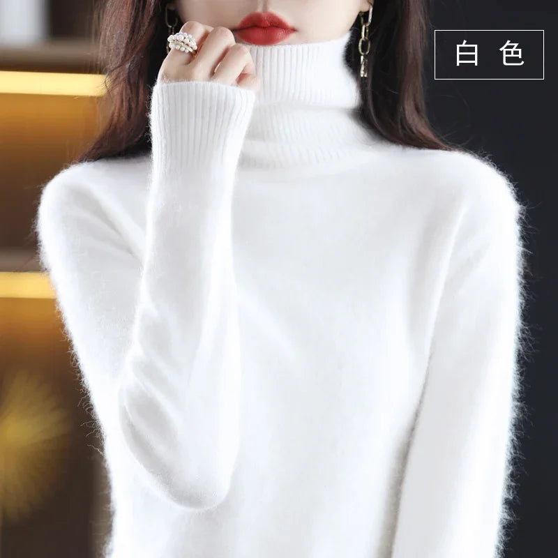 White Color Women’s Mink Cashmere Turtleneck Sweater Pullover