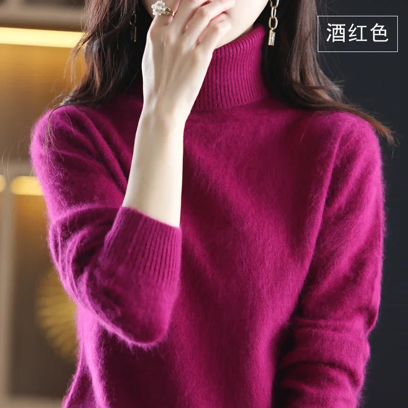 Wine Red Color Women’s Mink Cashmere Turtleneck Sweater Pullover