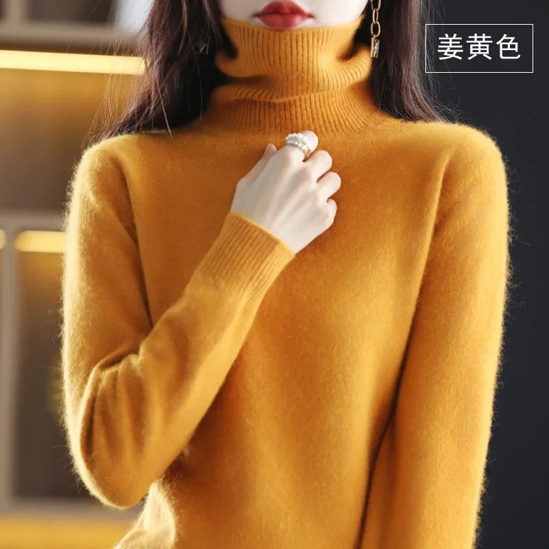 Orange Color Women’s Mink Cashmere Turtleneck Sweater Pullover