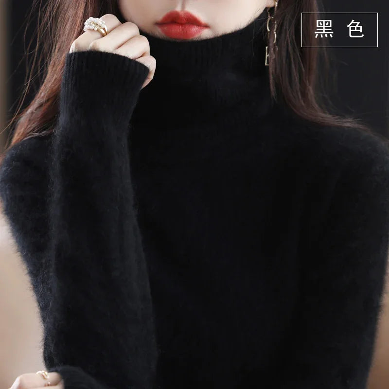 Black Color Women’s Mink Cashmere Turtleneck Sweater Pullover