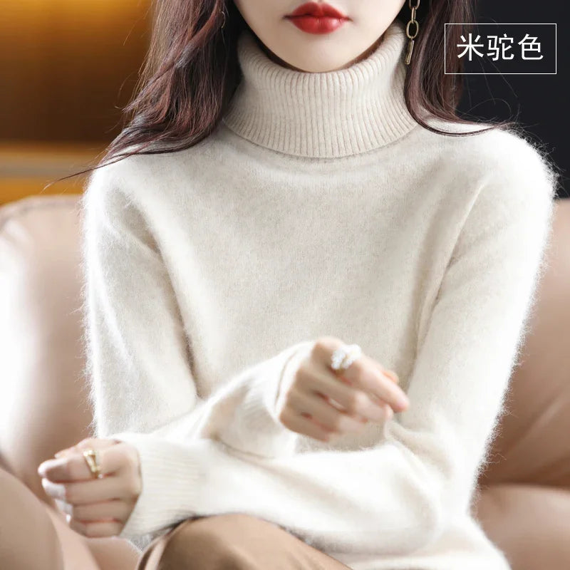 Beige Color Women’s Mink Cashmere Turtleneck Sweater Pullover