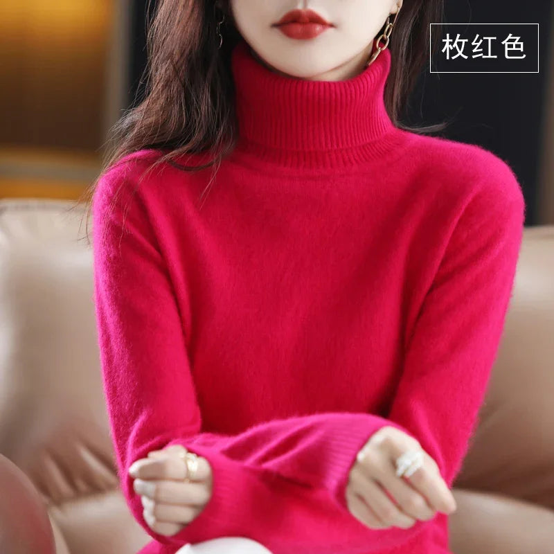 Rose Red Color Women’s Mink Cashmere Turtleneck Sweater Pullover