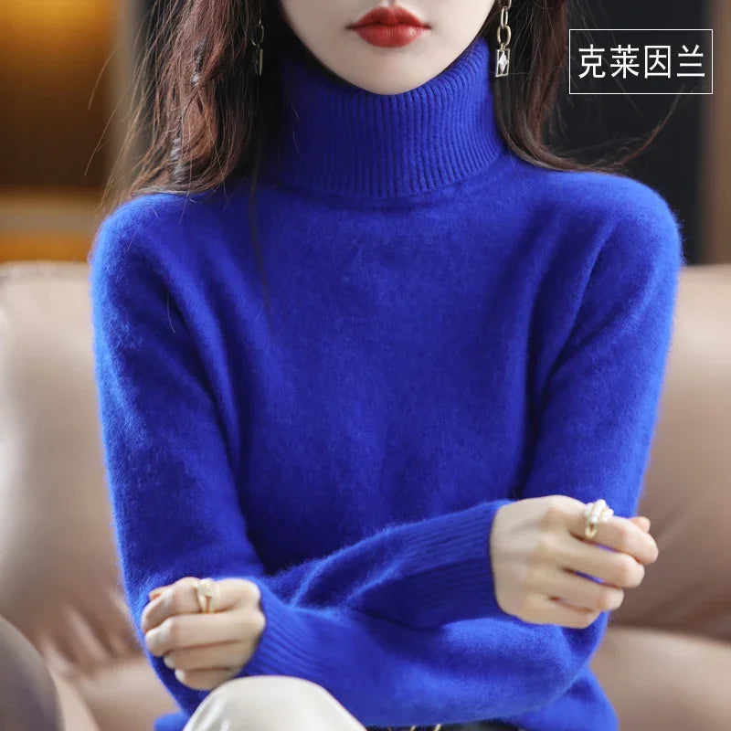 Klein Blue Color Women’s Mink Cashmere Turtleneck Sweater Pullover