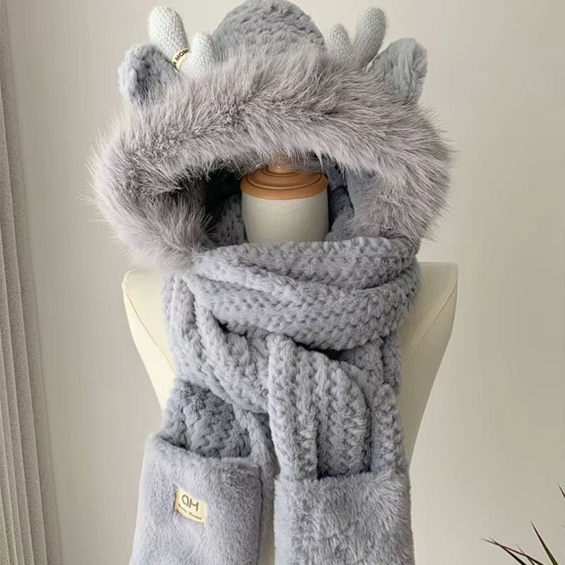 AntlerCozy Winter Hat with integrated Scarf and Gloves - Kalinzy