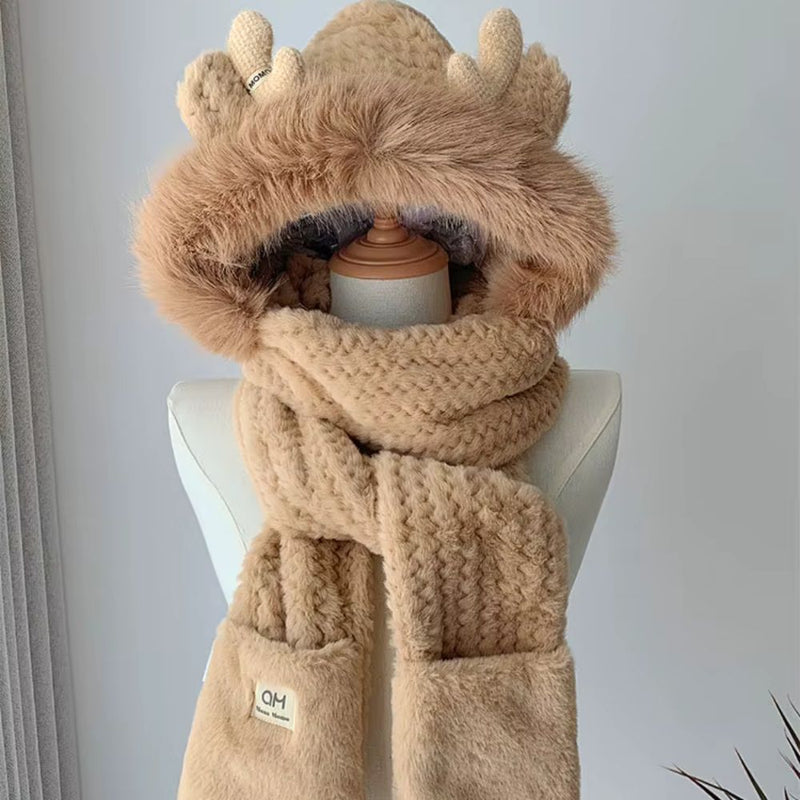 AntlerCozy Winter Hat with integrated Scarf and Gloves - Kalinzy