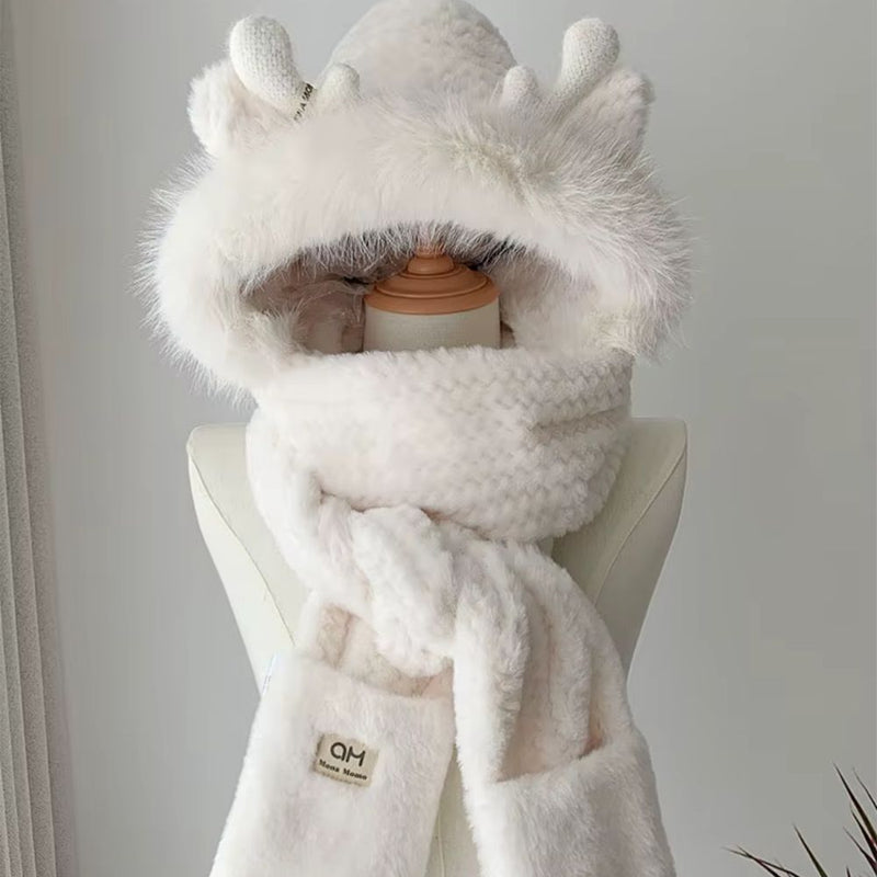 AntlerCozy Winter Hat with integrated Scarf and Gloves - Kalinzy