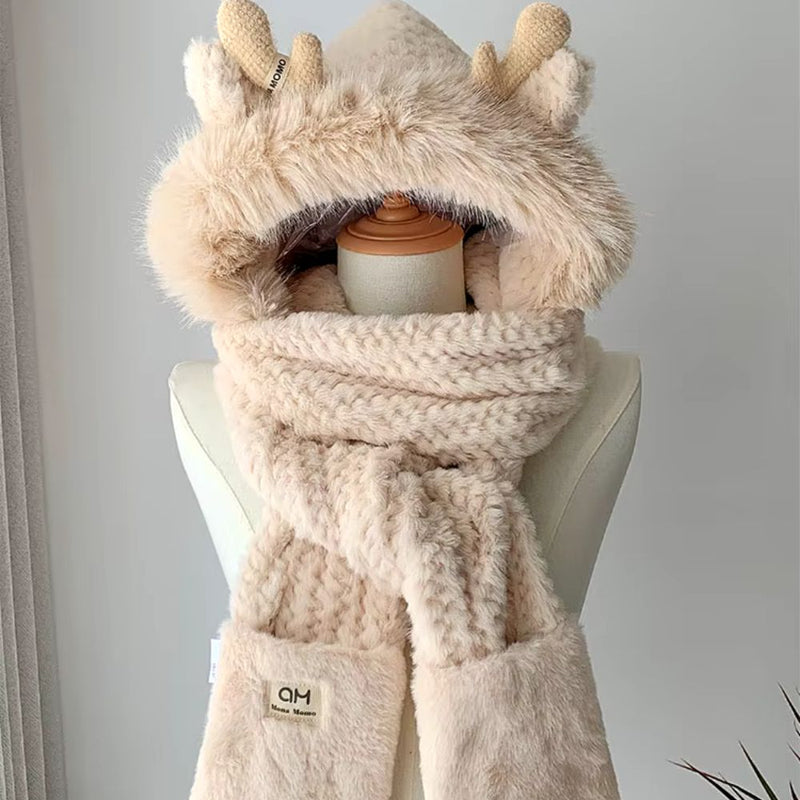 AntlerCozy Winter Hat with integrated Scarf and Gloves - Kalinzy