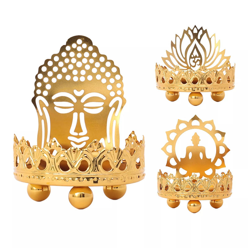 Meditation Tea Light Candle Holders Golden Lotus & Buddha carving Tealight