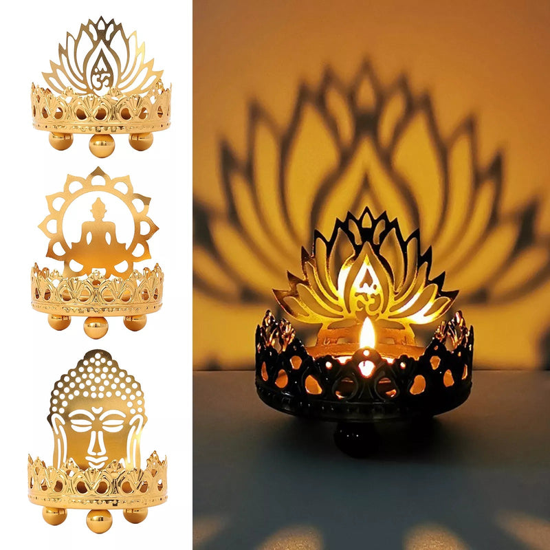 Meditation Tea Light Candle Holders Golden Lotus & Buddha carving Tealight