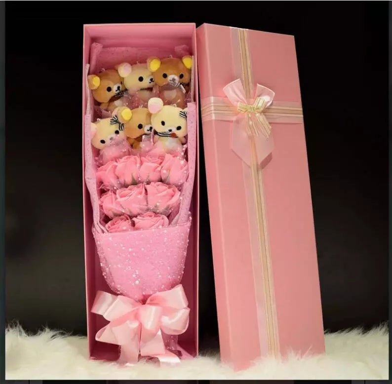 Rose Cute Teddy Bear Plush Bouquet Enchanted Flower Gift Box