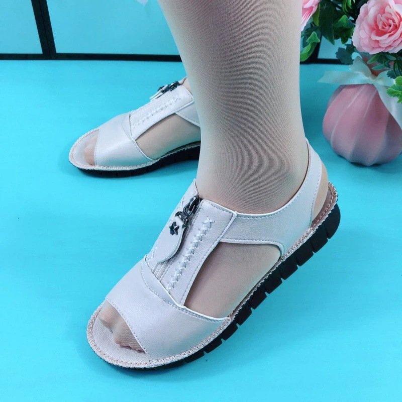 Zipper Flat Soft Leather And Sole Comfort Sandals