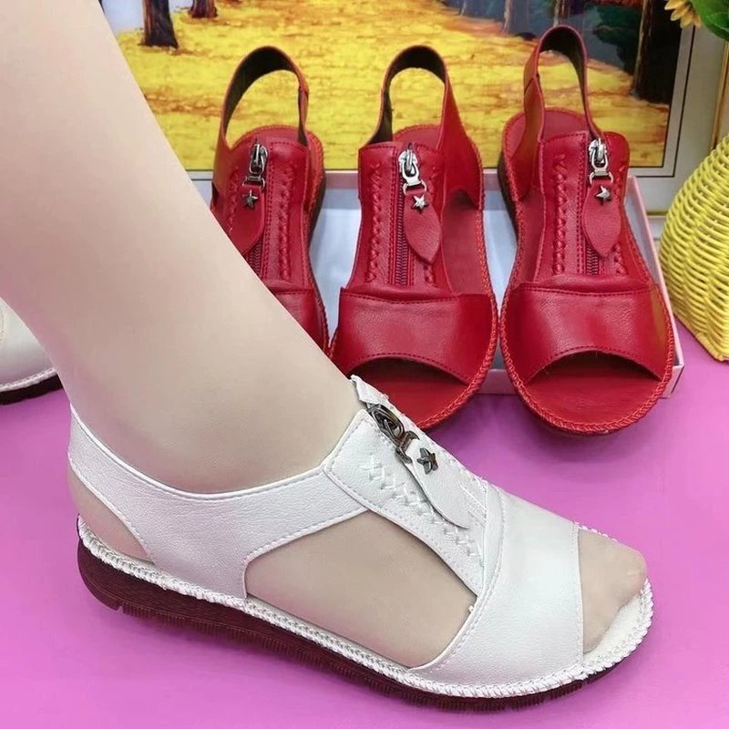 Zipper Flat Soft Leather And Sole Comfort Sandals